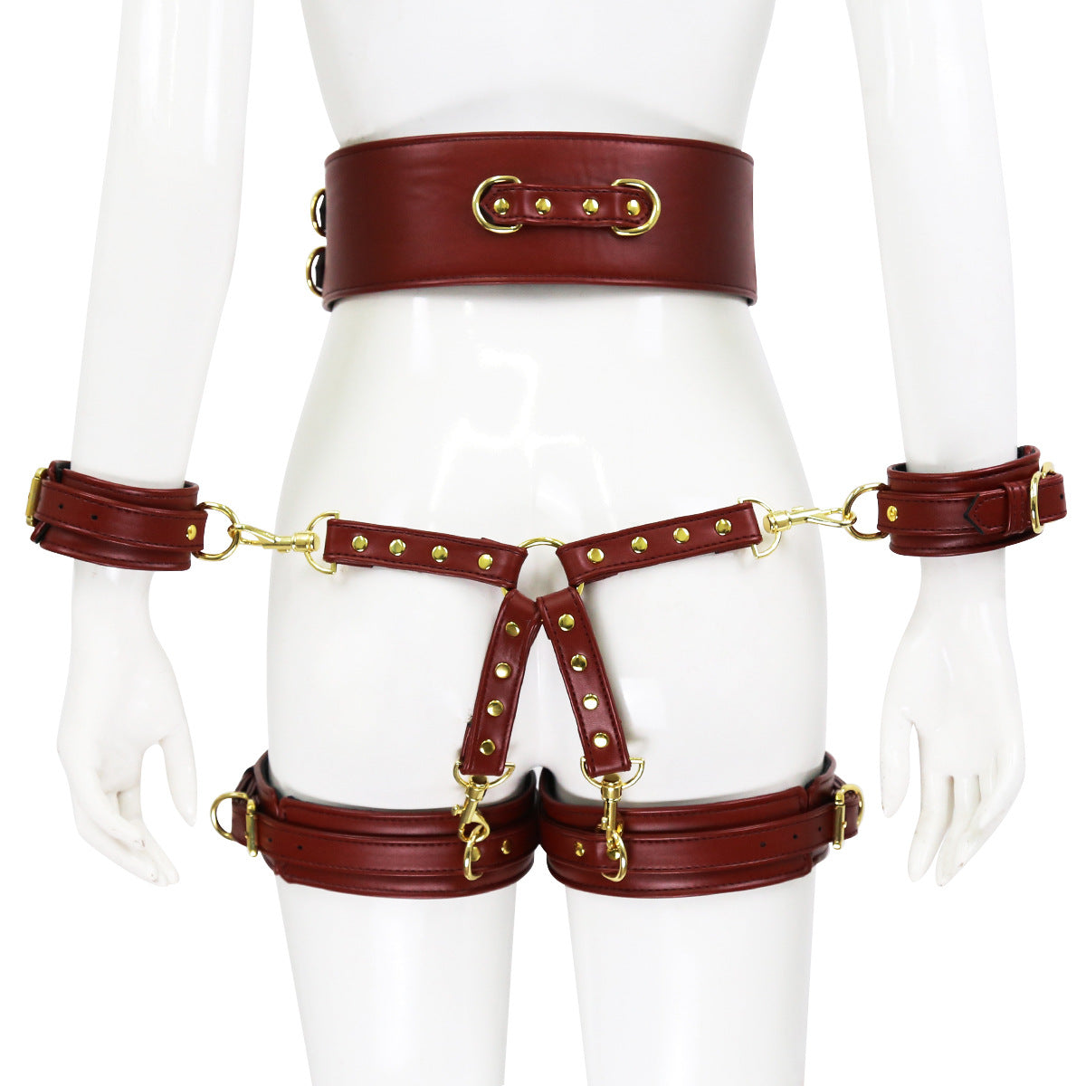 Image of Factory store wholesale sex toys leather handcuffs leg cuffs with waist bondage straps alternative toys cross leather corset